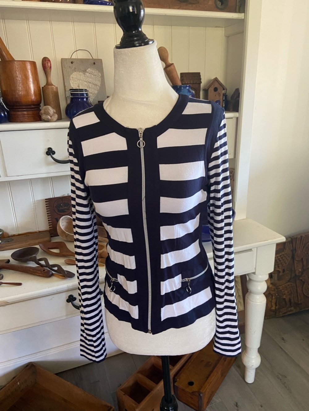 Striped Zip-Front Cardigan Jacket in Navy and White
